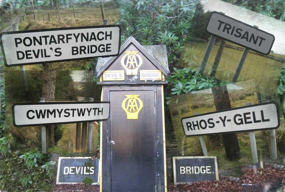 AA Box in Devils Bridge with village place name signs